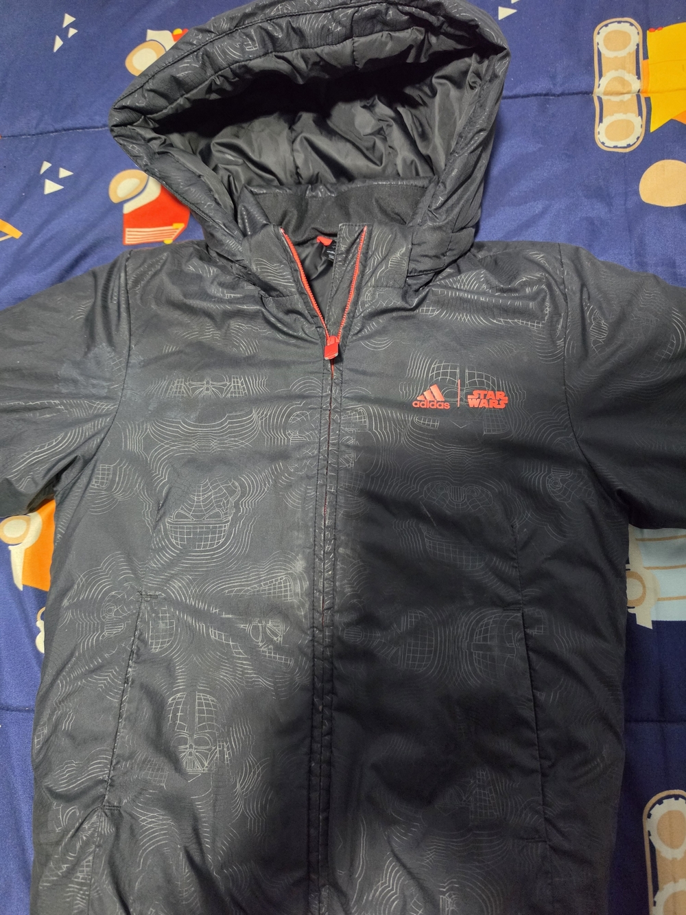 adidas Black Hooded Puffer Jacket with Red Accents